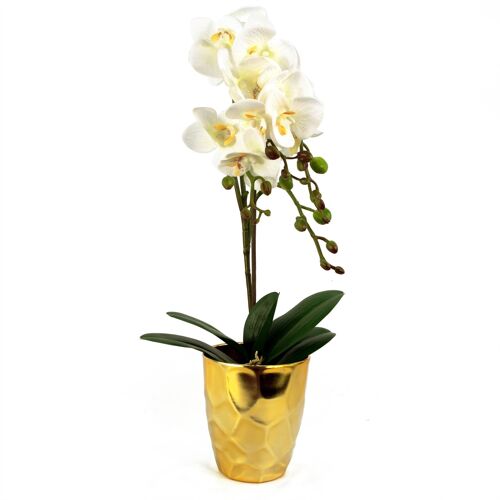 Artificial Orchid Plant White Gold Pot 54cm