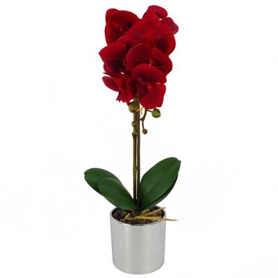 Artificial Orchid Red Silver Pot 46cm