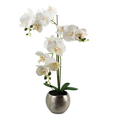 Macetero de cerámica plateada con orquídeas artificiales, macetero plateado blanco de 70cm
