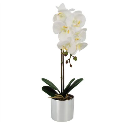 Orquídea Artificial Maceta Plata Blanca 46cm