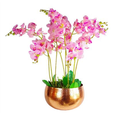 Macetero con forma de cuenco de metal, orquídea artificial XL, 70x70cm