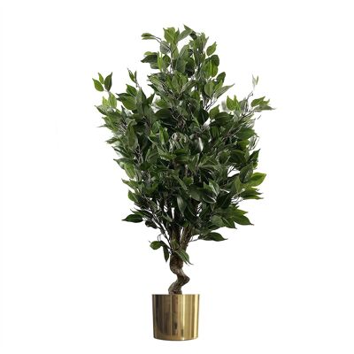 Fioriera artificiale in oro con albero di ficus sempreverde da 110 cm