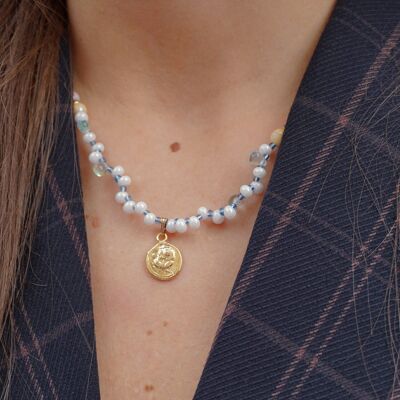 Collier pendentif en or perlé en cristal, collier de perles superposées
