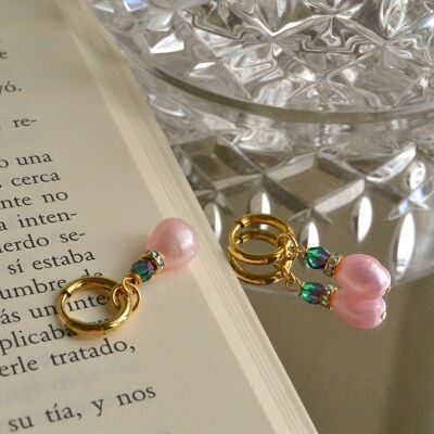 Pink natural pearl earrings hoops, Gold plated hoops with pendant pearl
