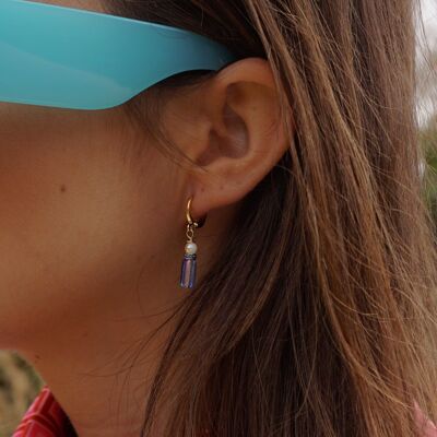 Purple blue pendant earrings huggie, Gold plated mini hoop earrings