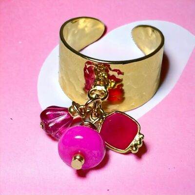 Anillo "LAURA" bañado en oro fino con piedra Ópalo Calcedonia y lentejuela esmaltada