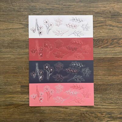 Feuille d'autocollants A5 Fleurs Brindilles Rouge Rose Gris