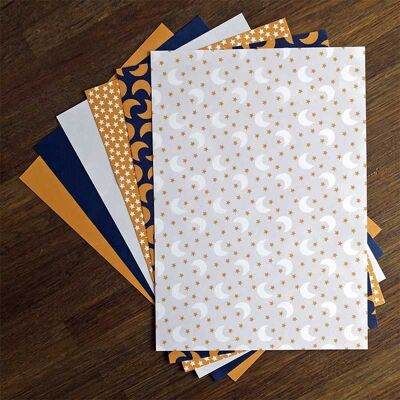 Patterned paper Moon & Stars Dark Blue Ocher Gray