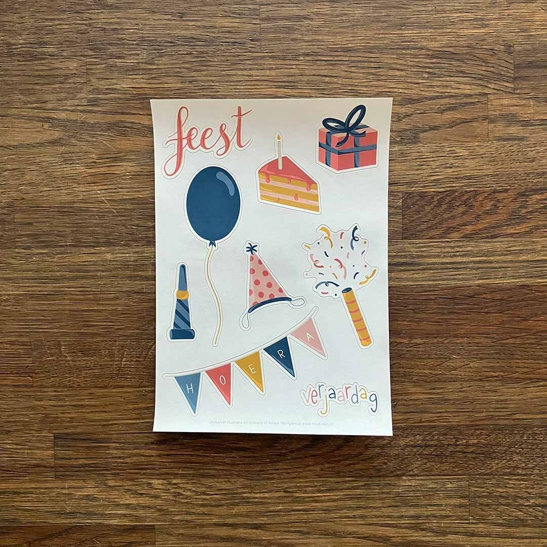 Foglio adesivo A6 Festa Evviva Torta di compleanno Corno Ghirlanda Regalo Cappello da festa Coriandoli