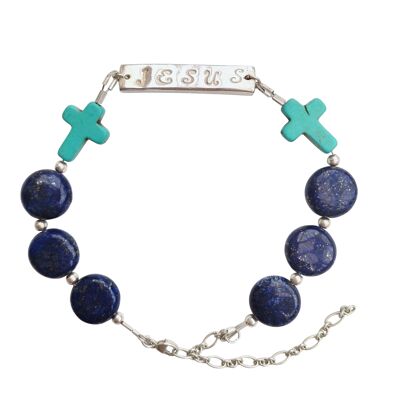 Handmade Bracelet with Lapis Lazulli and Turquise Cross Gemstones and Handstamped Jesus