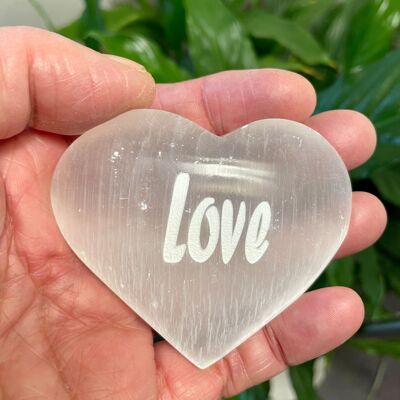 Selenite heart engraved Love, for a declaration of love.