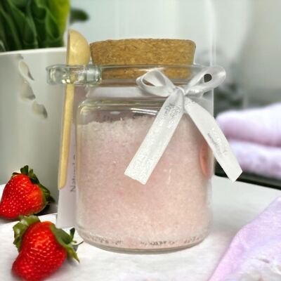 Sels de bain naturels parfum smoothie aux fraises dans un pot en verre avec cuillère (225gr)