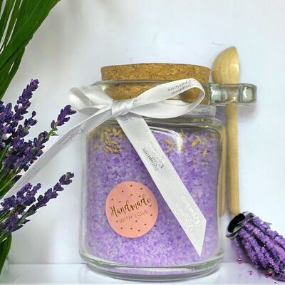 Sali da bagno naturali al profumo di lavanda in un barattolo di vetro con misurino (225gr)