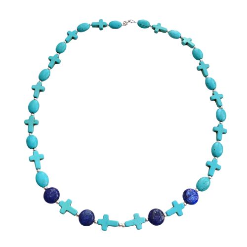 Handmade Necklace with Turquise Cross Gemstones and lapis lazulli coin bead gemstones