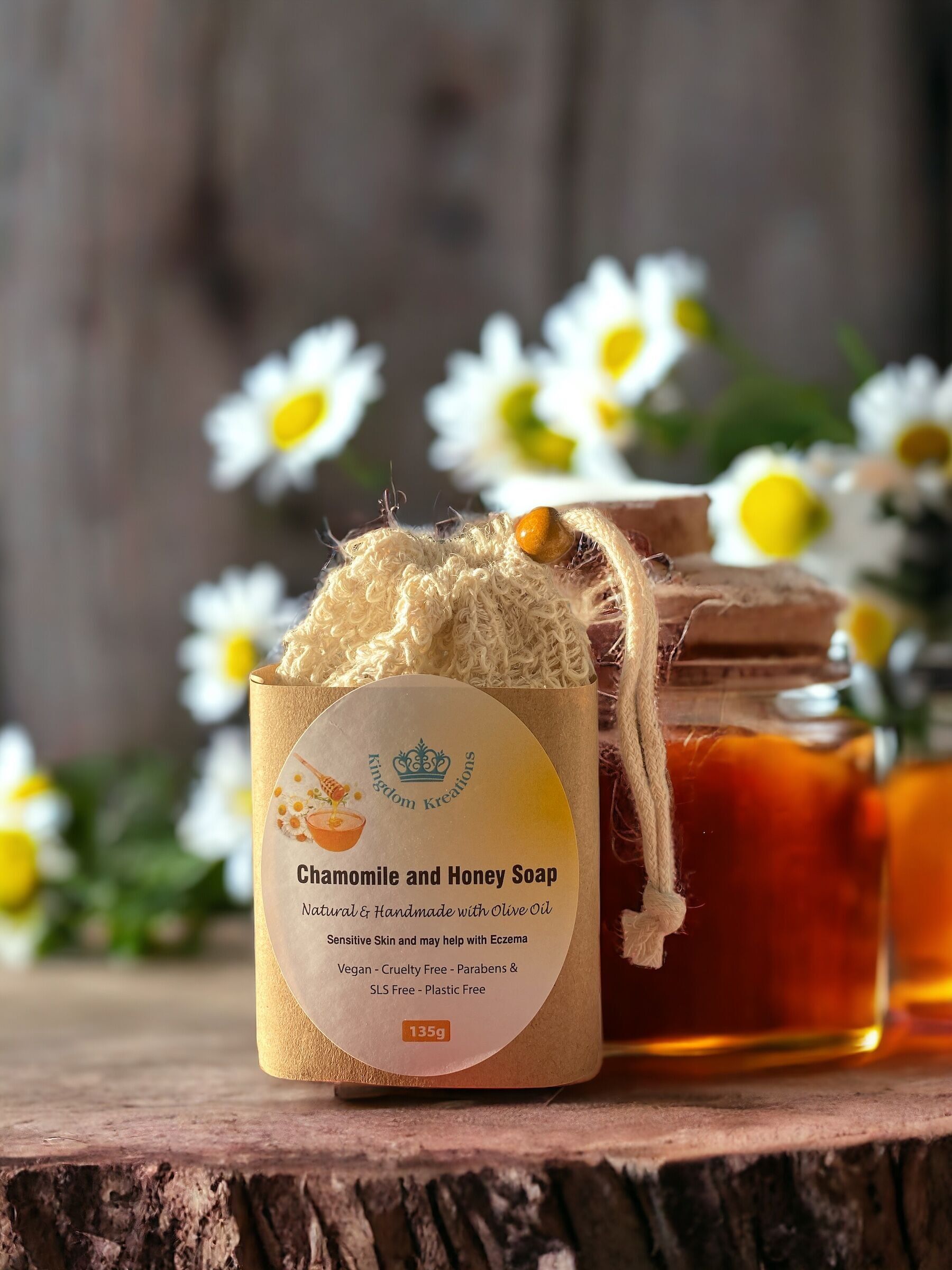 Handmade Chamomile and Honey Soap made with Olive Oil for sensitive in a soap bag for exfoliation