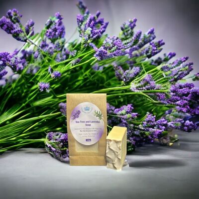 Handmade Olive Soap with Tea Tree & Lavender Essential Oils - may help skin prone to acne in a exfoliating soap bag.