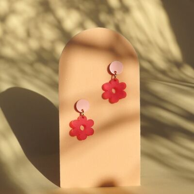 Single Daisy acrylic earrings with stainless steel plugs in pink red