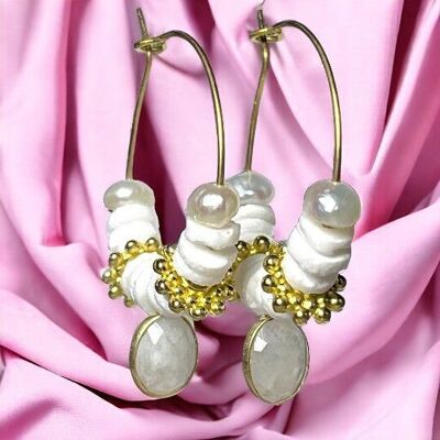 "ANGELIQUE" golden hoop earrings, fine gold Moonstone, Shell and Mother-of-Pearl