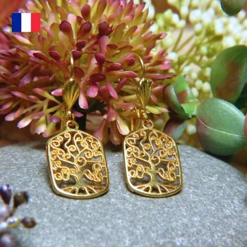 Boucles d'oreilles "ARBRE DE VIE" dorées or fin 4