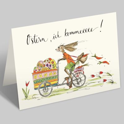 Carte de Pâques | Lapin à vélo | Pâques j'arrive ! | Carte pliante avec enveloppe