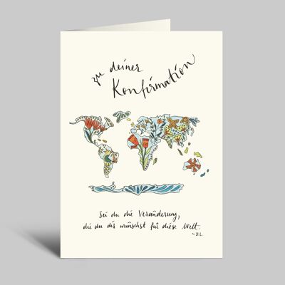 Confirmation card | Colorful world map | Be the change you want for the world | Folding card with envelope