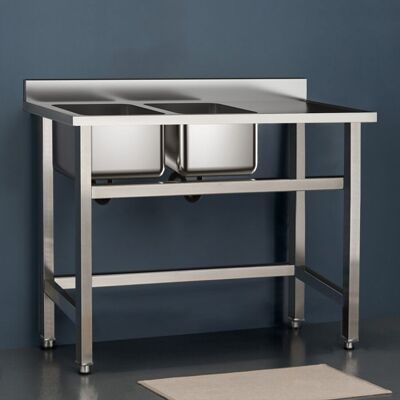 Living and Home Postazione di lavoro per catering commerciale con lavello a doppia vasca in acciaio inox da 130 cm