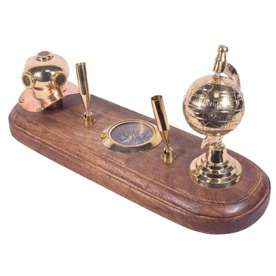 Wooden & Brass Penholder with Globe,Compass & Diving Helmet