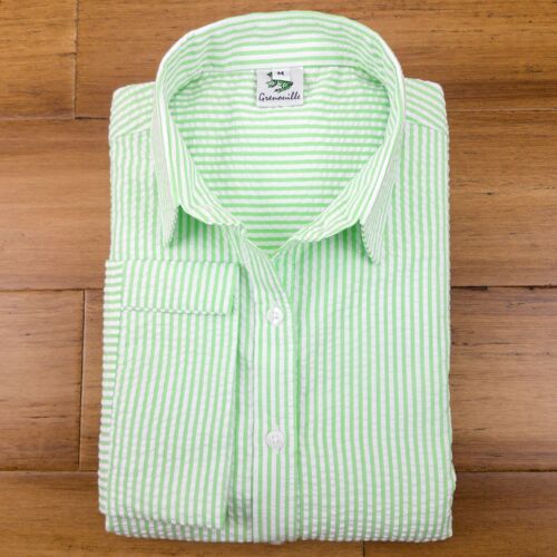 Grenouille 3/4 Sleeve Apple Green Stripe Seersucker Shirt