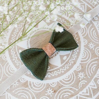 Bow tie in olive green burlap and cork