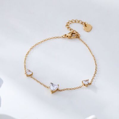 Triple rhinestone heart gold chain bracelet