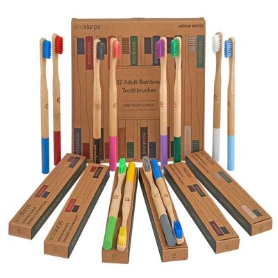 EcoSlurps Paquete de 12 cepillos de dientes de bambú multicolor - Cerdas suaves y medianas - Suministro para un año