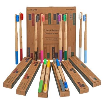 EcoSlurps Lot de 12 brosses à dents en bambou multicolores - Poils doux de taille moyenne - Approvisionnement d'un an 1