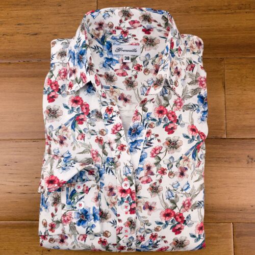 Grenouille Blue & Red Wildflower Print Open Neck Blouse