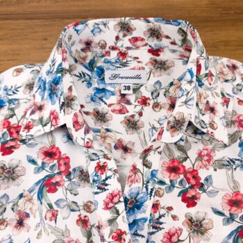 Blouse à col ouvert Grenouille bleu et rouge à imprimé fleurs sauvages 6