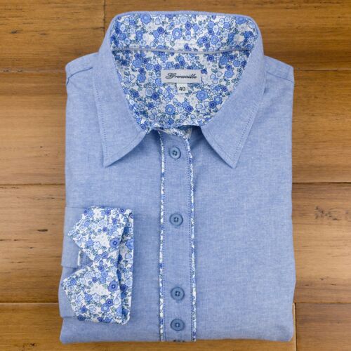 Grenouille Blue Oxford Shirt with Blue & Grey Floral Accents