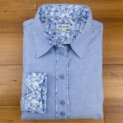 Camicia Oxford blu Grenouille con accenti floreali blu e grigi