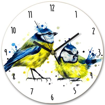 Horloge en bois - Mésanges bleues éclaboussées