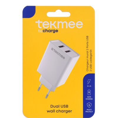 Chargeur mural - TEKMEE 2 USB PORTS 2.4A WALL CHARGER WHT