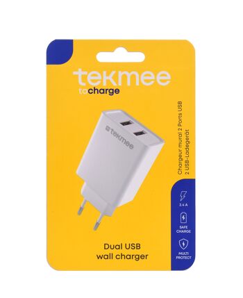 Chargeur mural - TEKMEE 2 USB PORTS 2.4A WALL CHARGER WHT 1
