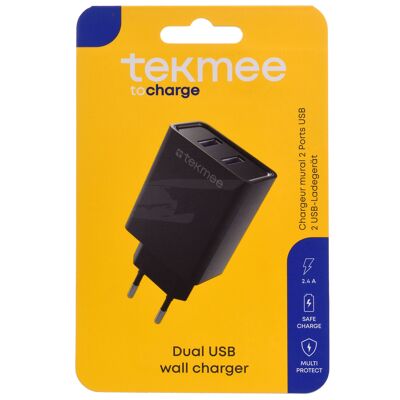 Chargeur mural - TEKMEE 2 USB PORTS 2.4A WALL CHARGER BLK
