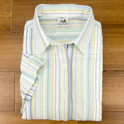 Camicia a righe verdi, gialle e viola con maniche ad aletta Grenouille