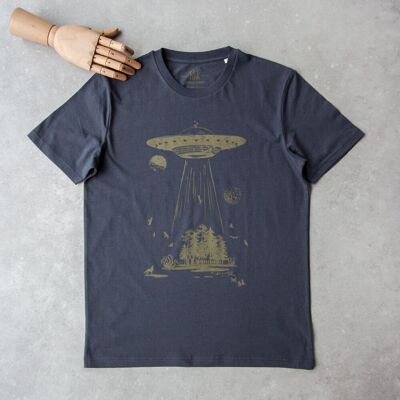 UFO-T-Shirt aus Bio-Baumwolle, blaugrau, handbedruckt