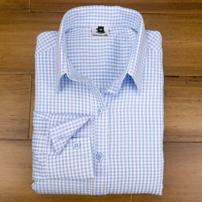 Camicia Grenouille classica a maniche lunghe in seersucker blu a quadretti