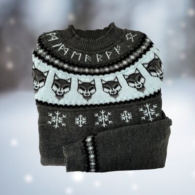 Pullover mit Wölfen, Runen und Schneeflocken. Acryl-Vegan-Wolle, Winter-Yule-Hexenzauberer