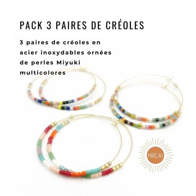Pack of 3 multi-colored HIPPY hoop earrings