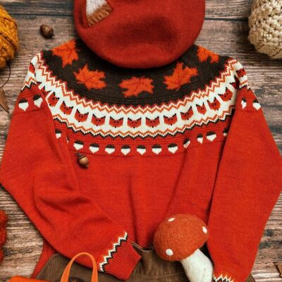 Handgefertigter Pullover mit Fuchs, Blättern und Eicheln. Acryl-Vegan-Wolle, Herbst-Halloween-Füchse, Herbst-Hexen-Zauberer