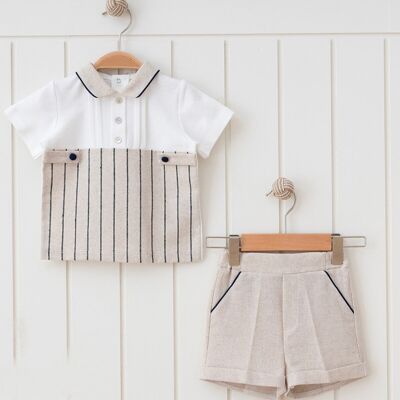A Pack of Five Sizes 3-24M Boy Natural Linen Specially Sewn Top and Shorts Set