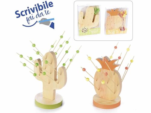 Confezione singola con set aperitivo cactus/ananas in legno con 18 e 15 stecchini - Scrivibile fai da te