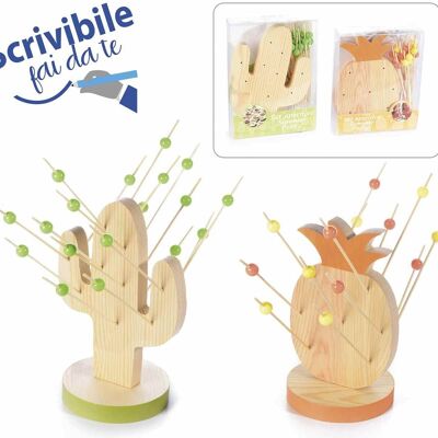 Single pack with wooden cactus/pineapple aperitif set with 18 and 15 toothpicks - DIY writable