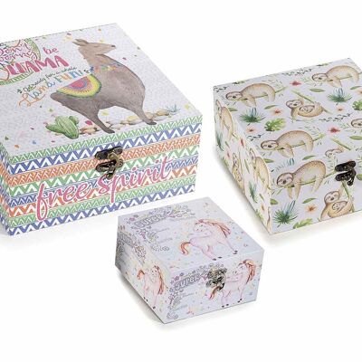 Wooden boxes with Animal Fantasy decorations and metal locking hook in a set of 3 boxes